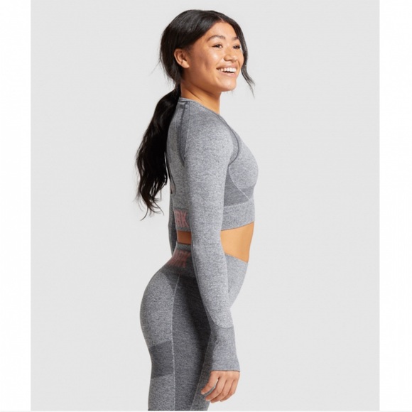 XS 2 PIECE Gymshark Cycling Shorts & Long Sleeve Crop Top - Charcoal Marl/Pink - Picture 2 of 8